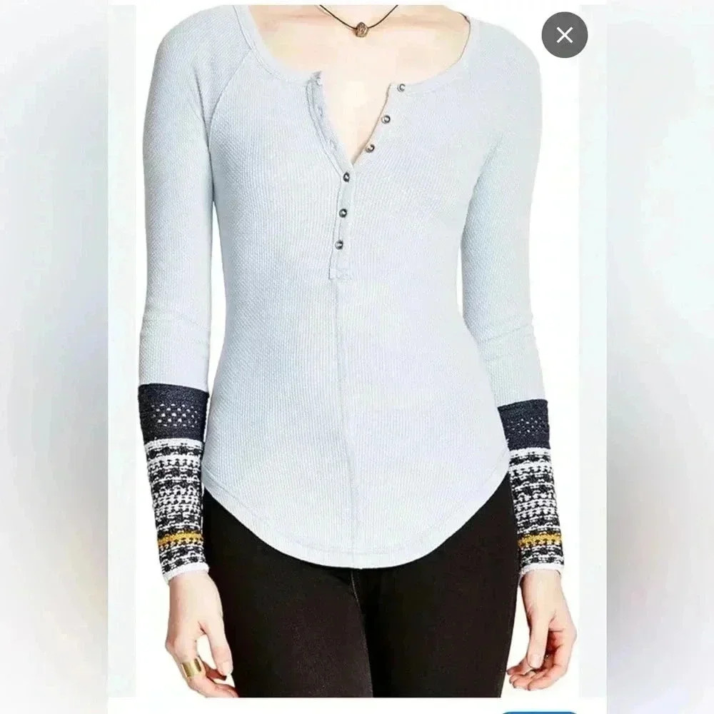 Free People Womens Newbie Ski Lodge Knit Cuff Thermal Henley Top Sz SP Lake Blue